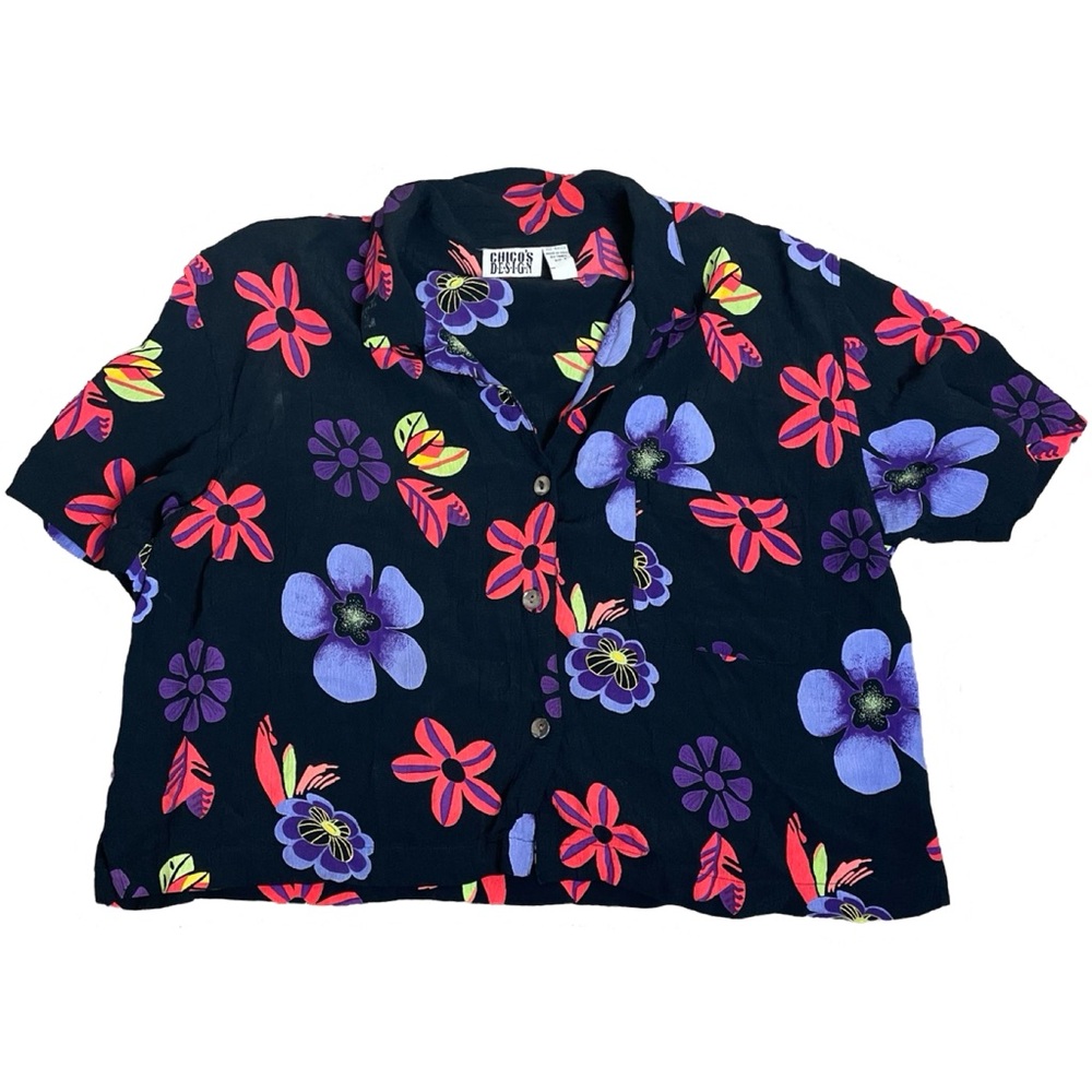 Vintage Chico's Design Floral Cropped Button-Down Blouse Size M / L